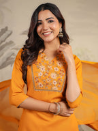 Janasya Bright Cotton Blend Yoke Embroidery Straight Kurta Set | Grocsy
