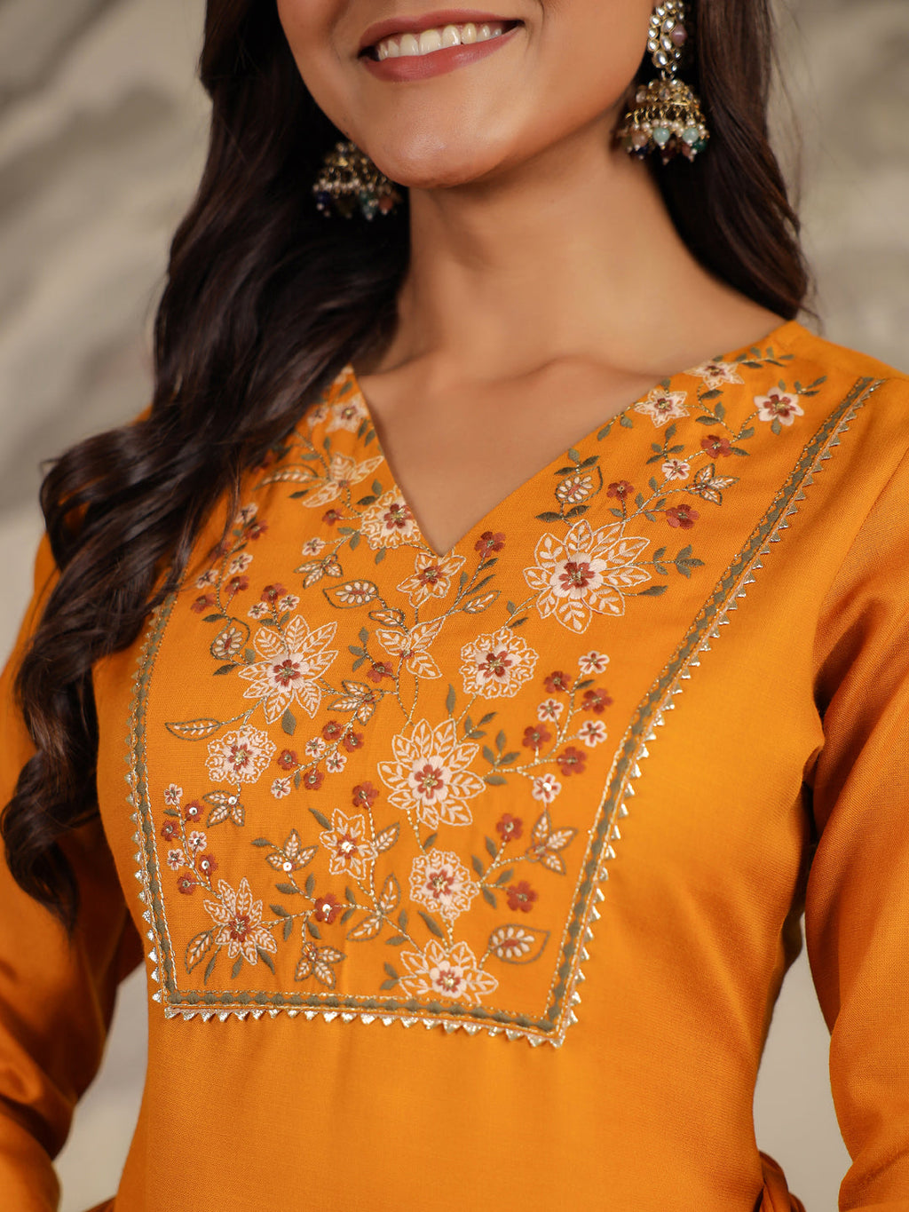 Janasya Bright Cotton Blend Yoke Embroidery Straight Kurta Set | Grocsy