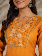 Janasya Bright Cotton Blend Yoke Embroidery Straight Kurta Set | Grocsy