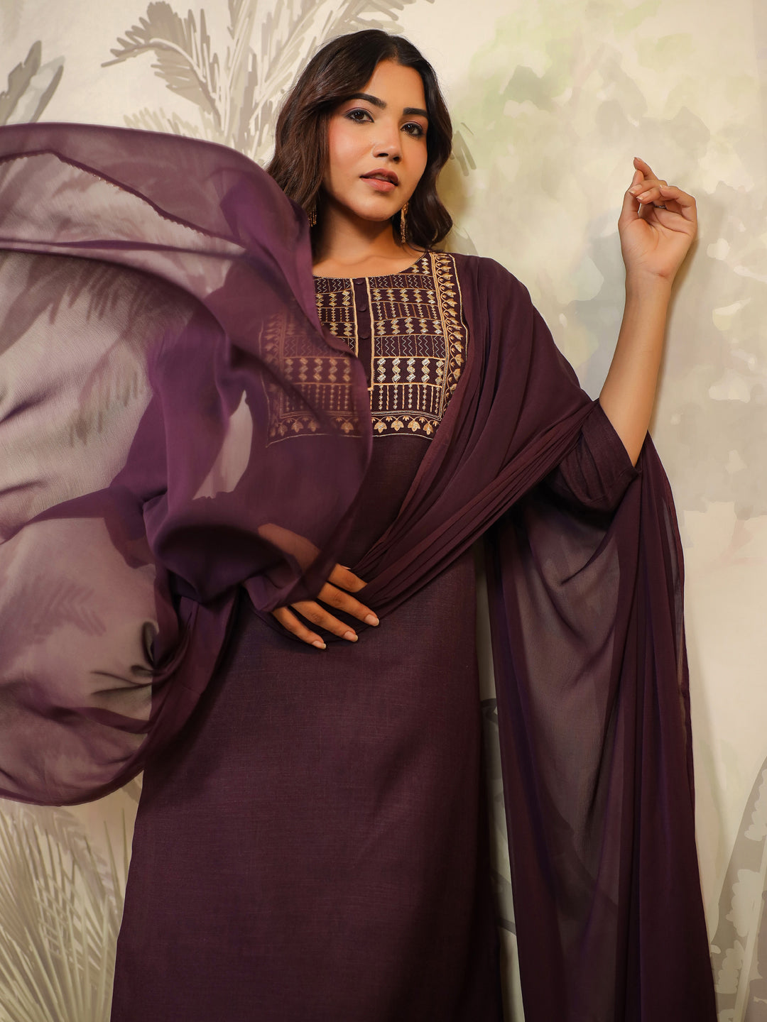 Janasya Dark Cotton Blend Yoke Embroidery Straight Kurta Set | Grocsy