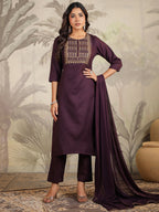 Janasya Dark Cotton Blend Yoke Embroidery Straight Kurta Set | Grocsy