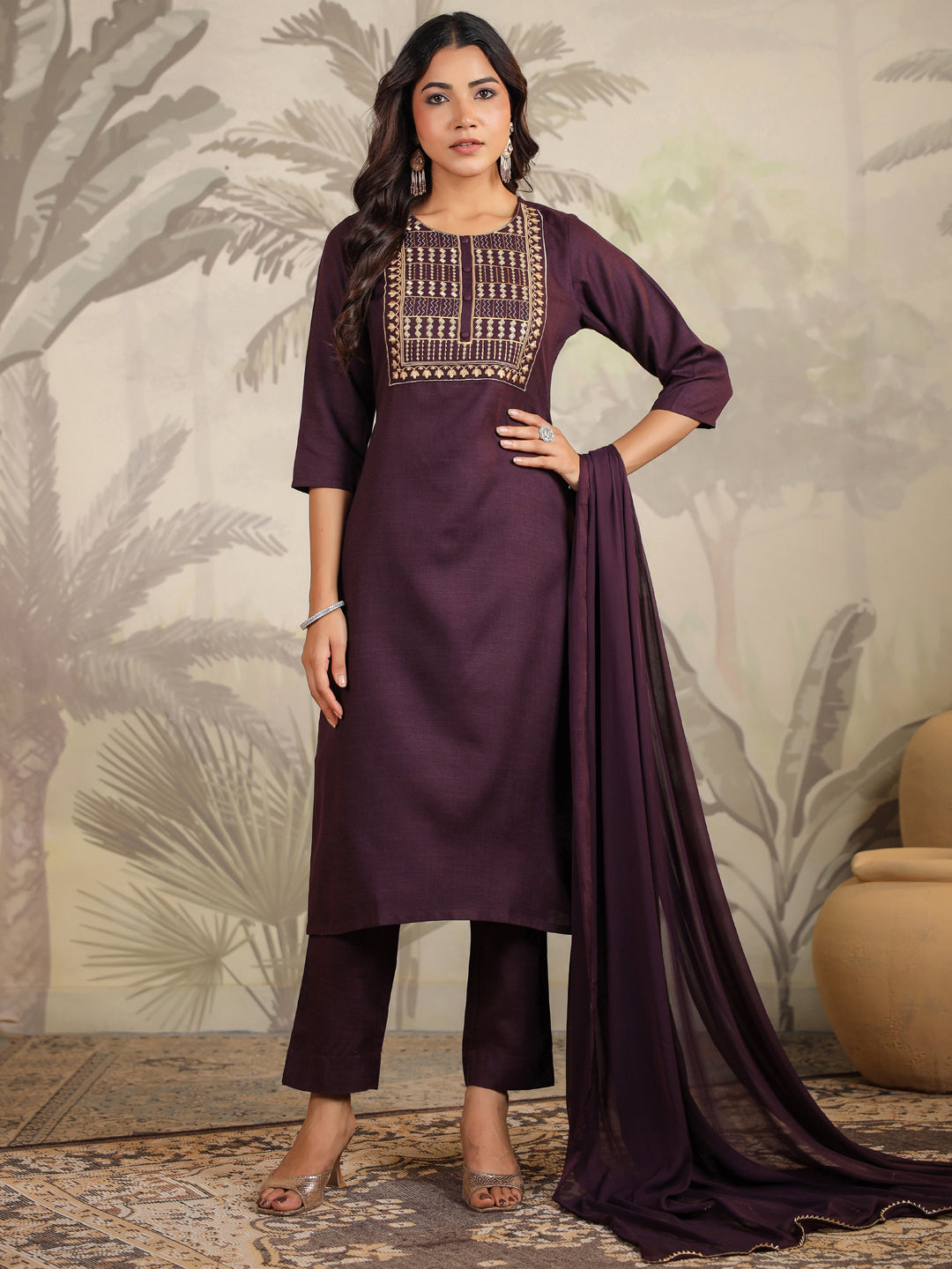 Janasya Dark Cotton Blend Yoke Embroidery Straight Kurta Set | Grocsy
