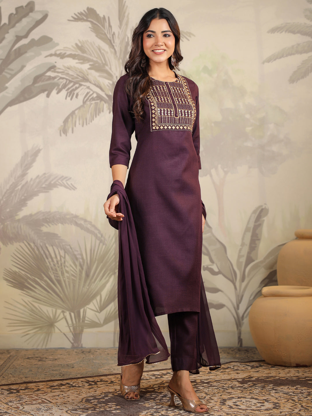 Janasya Dark Cotton Blend Yoke Embroidery Straight Kurta Set | Grocsy