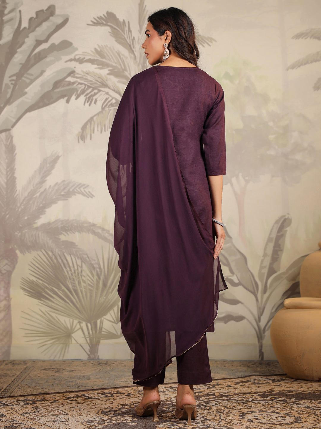 Janasya Dark Cotton Blend Yoke Embroidery Straight Kurta Set | Grocsy