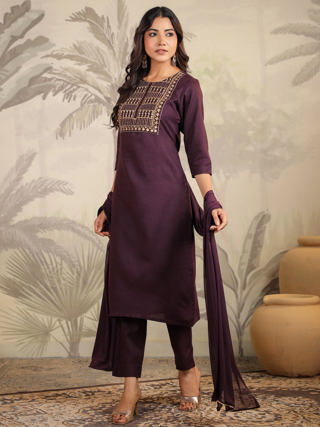 Janasya Dark Cotton Blend Yoke Embroidery Straight Kurta Set | Grocsy