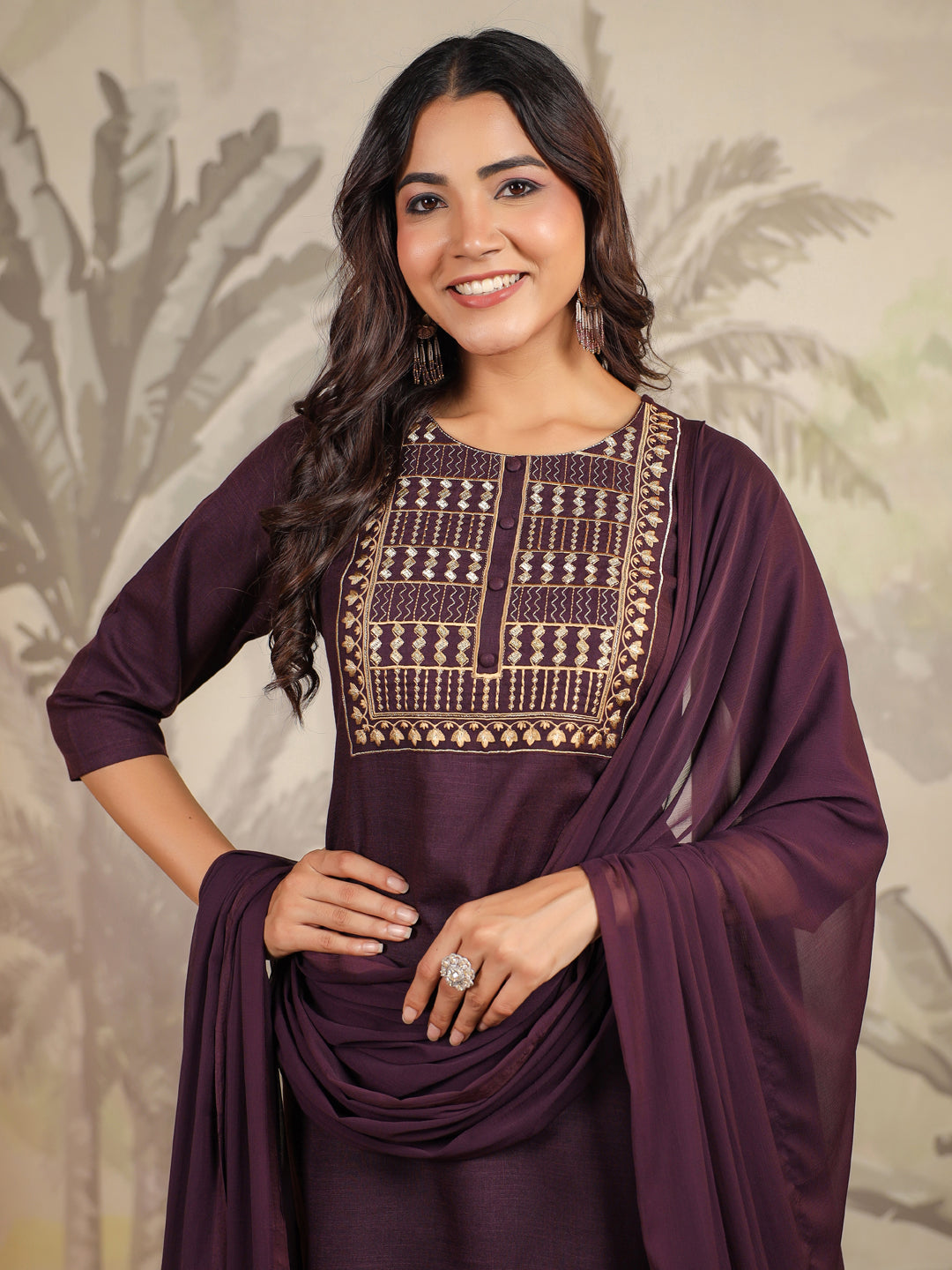 Janasya Dark Cotton Blend Yoke Embroidery Straight Kurta Set | Grocsy