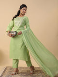 Janasya Bright Cotton Blend Yoke Embroidery Straight Kurta Set | Grocsy