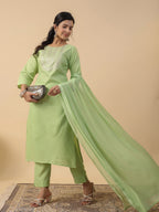 Janasya Bright Cotton Blend Yoke Embroidery Straight Kurta Set | Grocsy