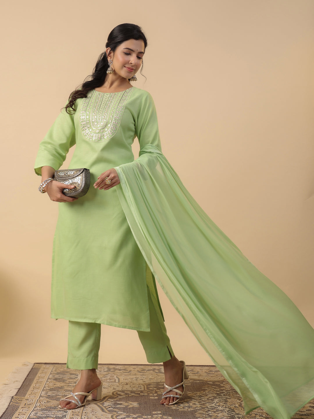 Janasya Bright Cotton Blend Yoke Embroidery Straight Kurta Set | Grocsy