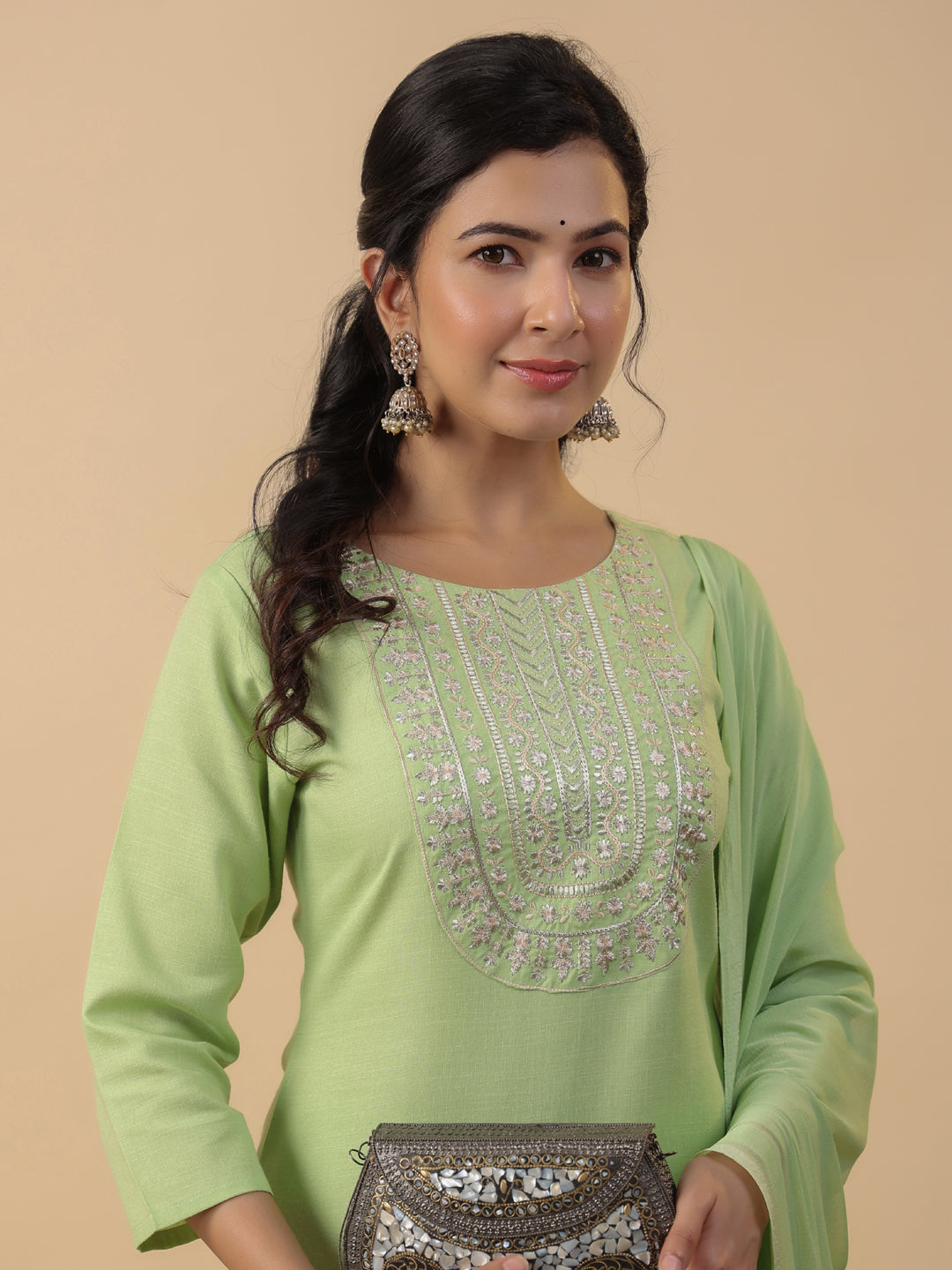 Janasya Bright Cotton Blend Yoke Embroidery Straight Kurta Set | Grocsy