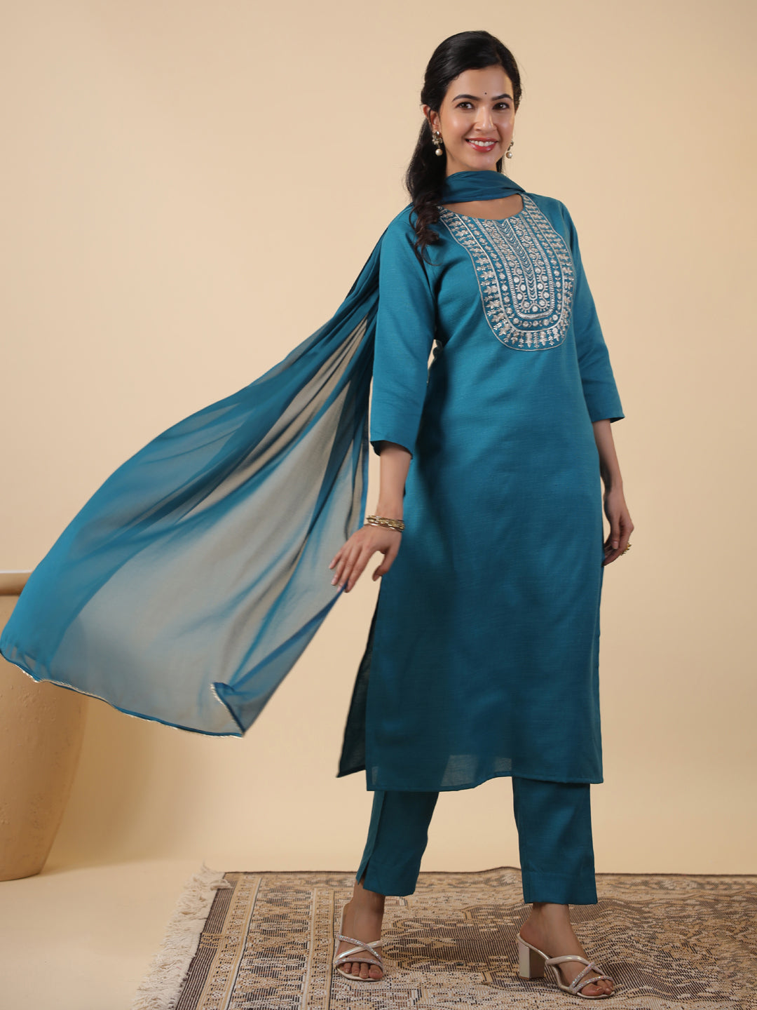 Janasya Bright Cotton Blend Embroidered Straight Kurta Set | Grocsy