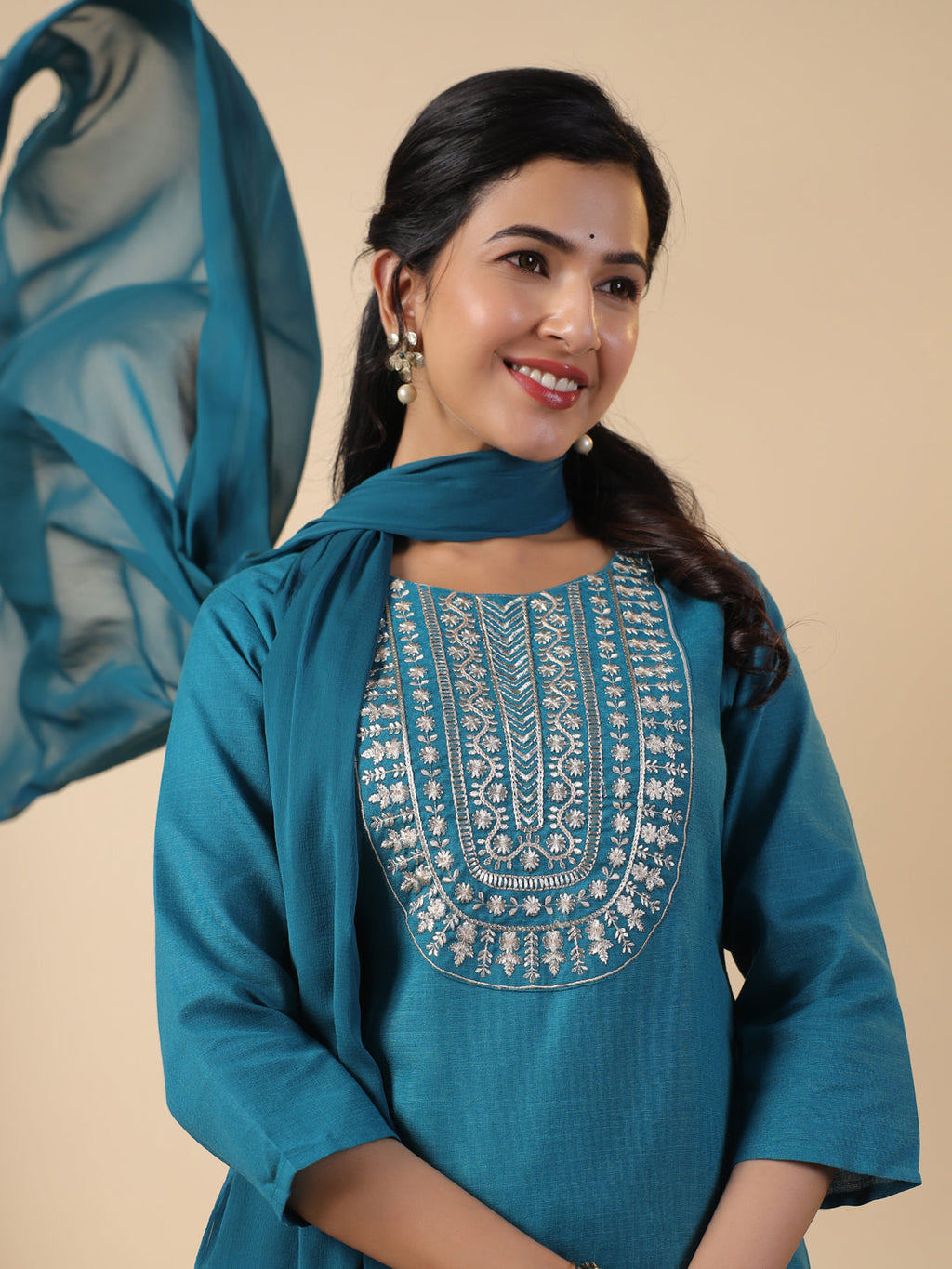 Janasya Bright Cotton Blend Embroidered Straight Kurta Set | Grocsy