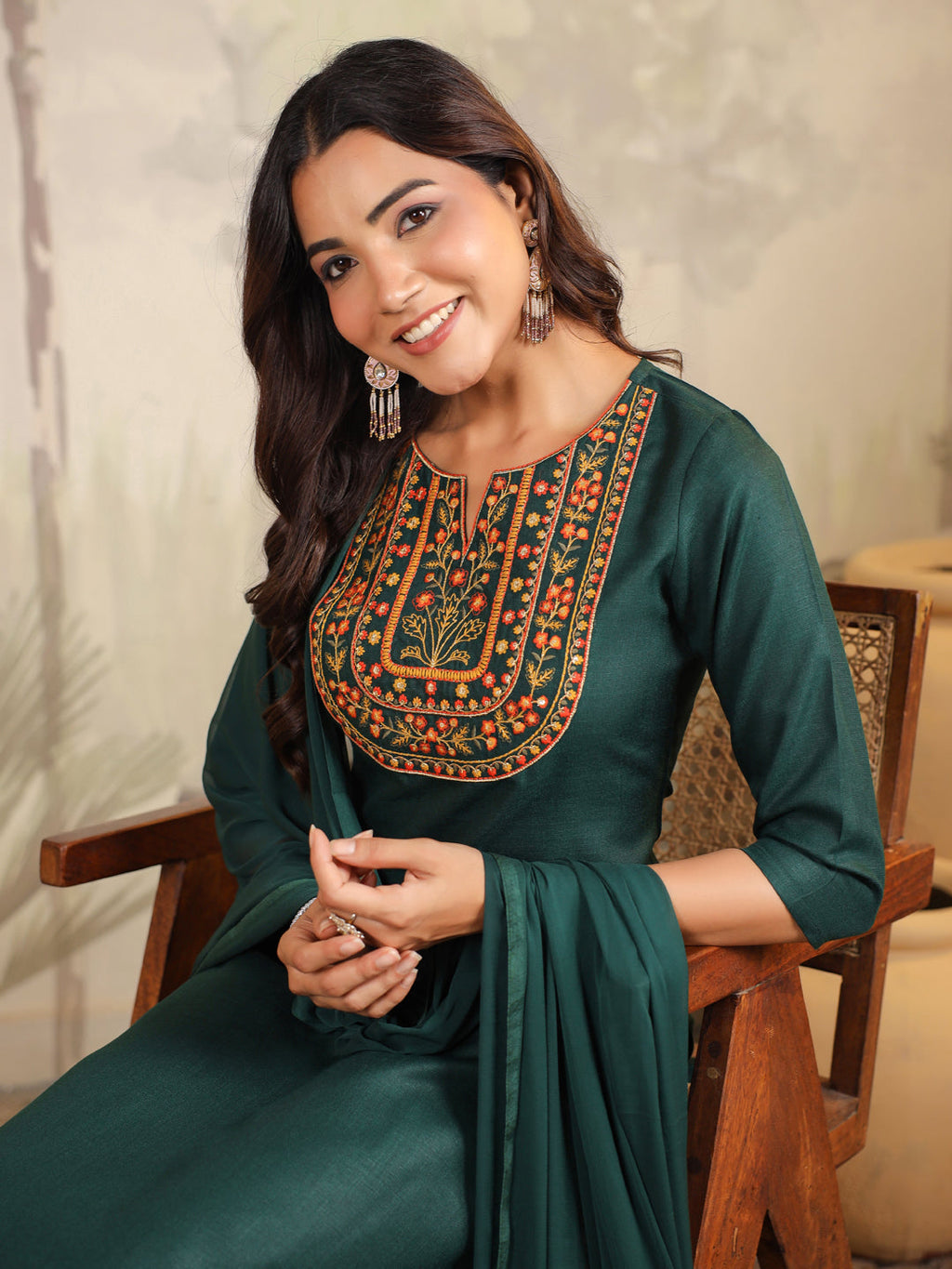 Janasya Dark Cotton Blend Yoke Embroidery Straight Kurta Set | Grocsy