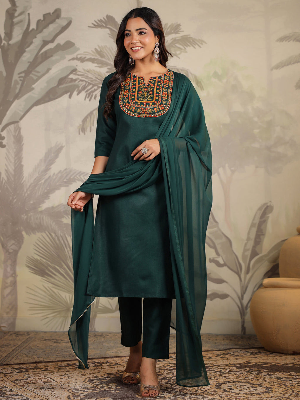 Janasya Dark Cotton Blend Yoke Embroidery Straight Kurta Set | Grocsy