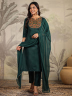 Janasya Dark Cotton Blend Yoke Embroidery Straight Kurta Set | Grocsy