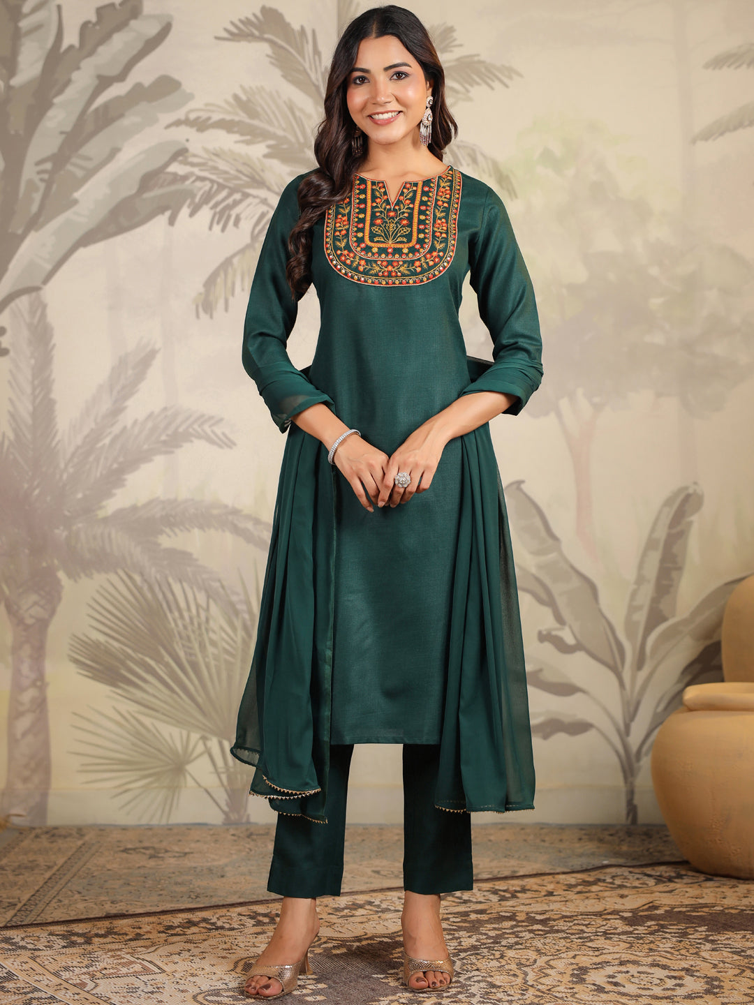 Janasya Dark Cotton Blend Yoke Embroidery Straight Kurta Set | Grocsy