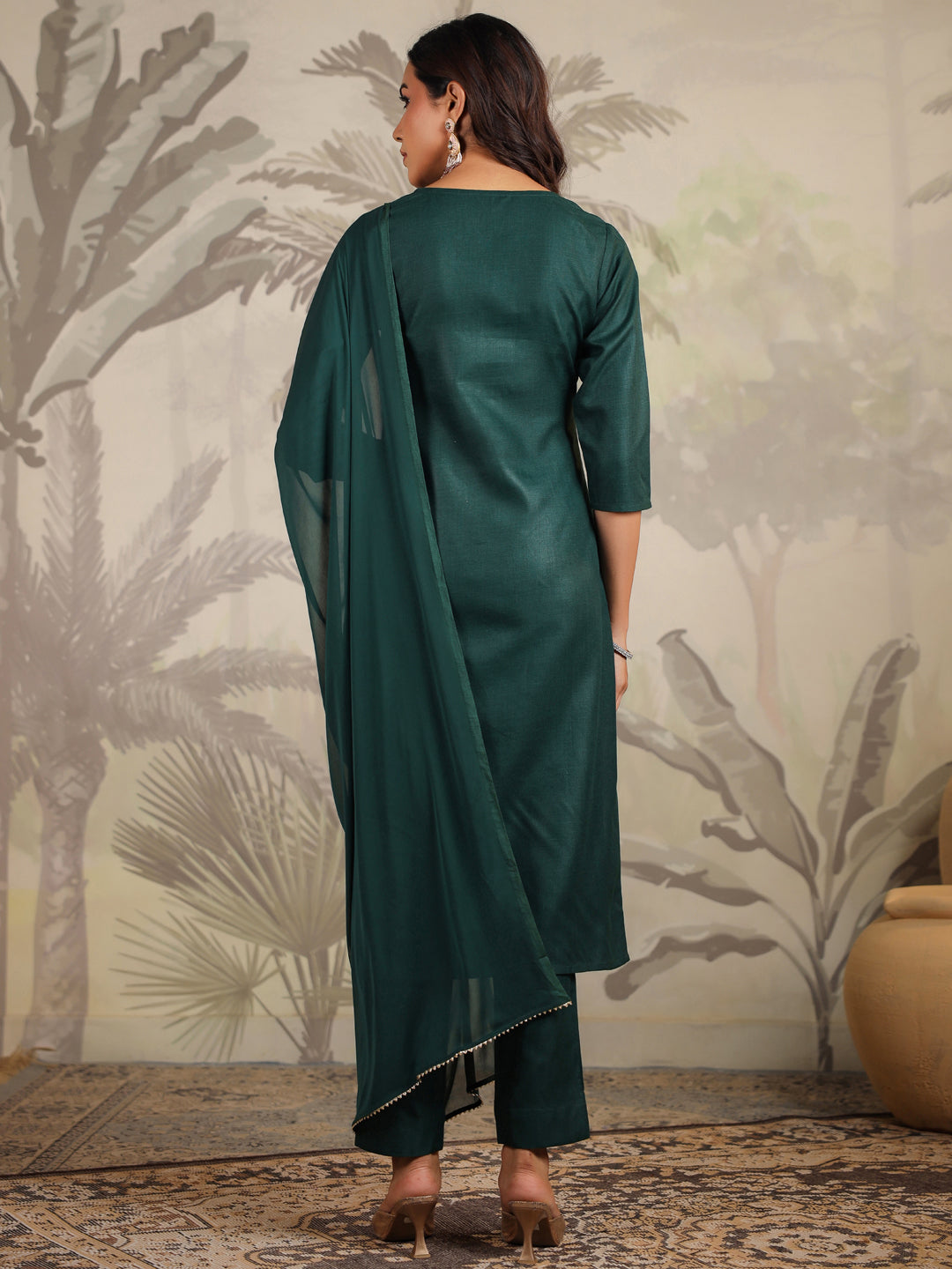 Janasya Dark Cotton Blend Yoke Embroidery Straight Kurta Set | Grocsy