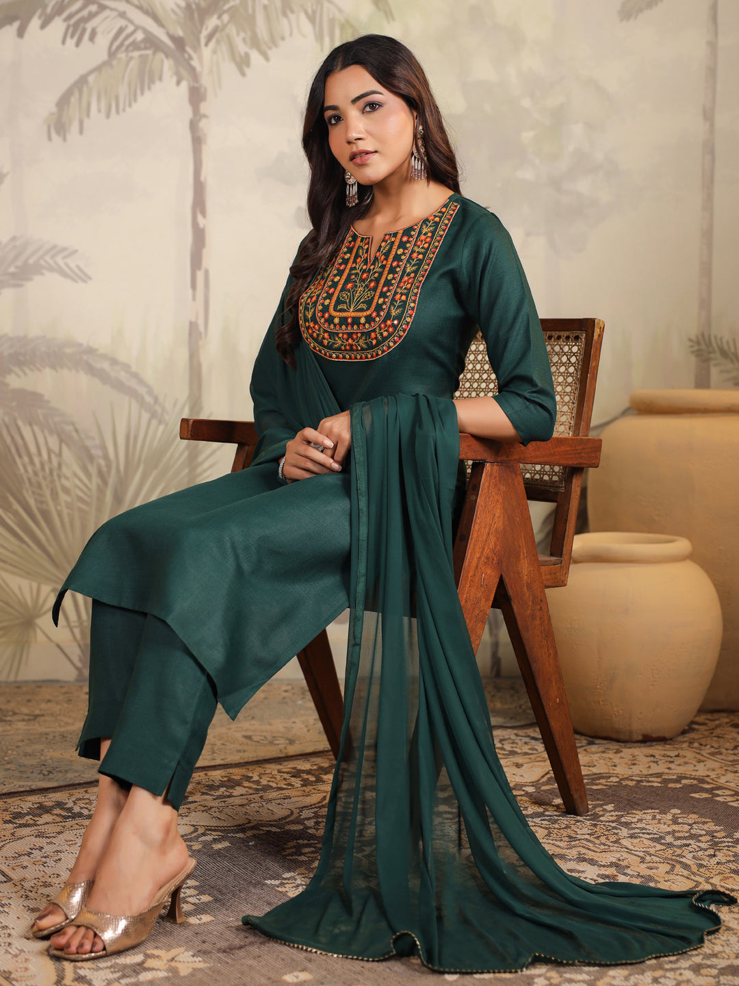 Janasya Dark Cotton Blend Yoke Embroidery Straight Kurta Set | Grocsy