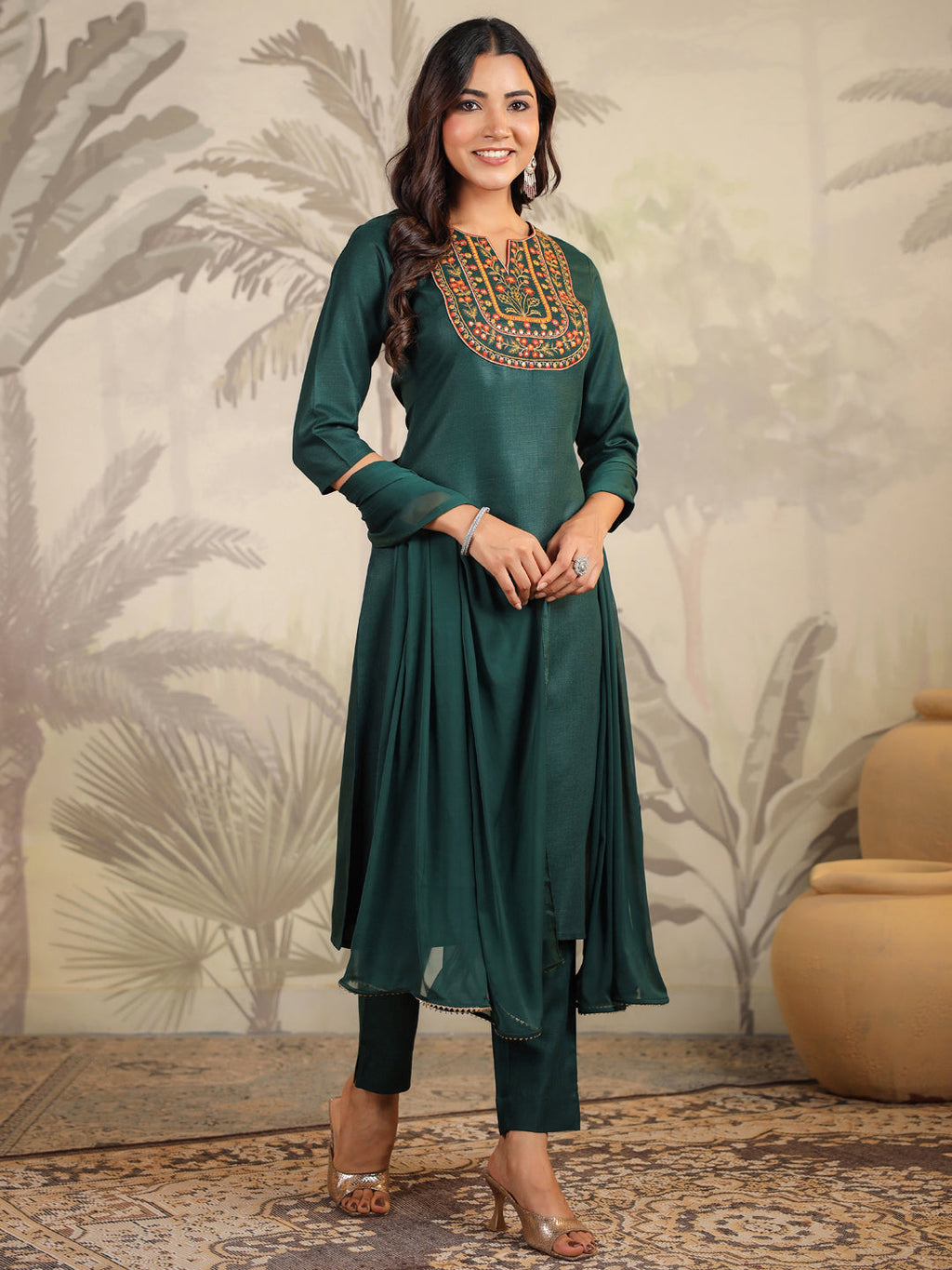 Janasya Dark Cotton Blend Yoke Embroidery Straight Kurta Set | Grocsy