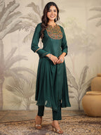 Janasya Dark Cotton Blend Yoke Embroidery Straight Kurta Set | Grocsy