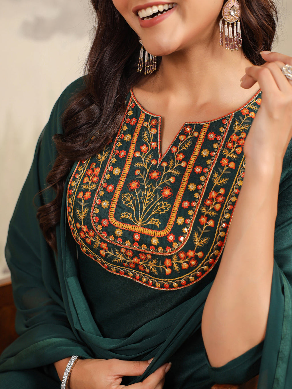 Janasya Dark Cotton Blend Yoke Embroidery Straight Kurta Set | Grocsy