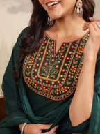 Janasya Dark Cotton Blend Yoke Embroidery Straight Kurta Set | Grocsy