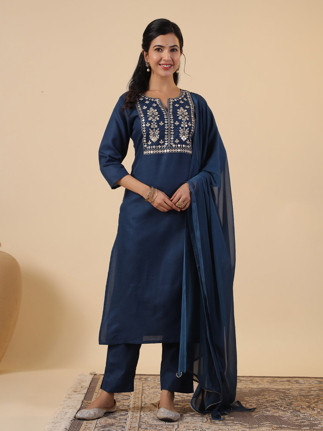 Janasya Dark Cotton Blend Yoke Embroidery Straight Kurta Set | Grocsy