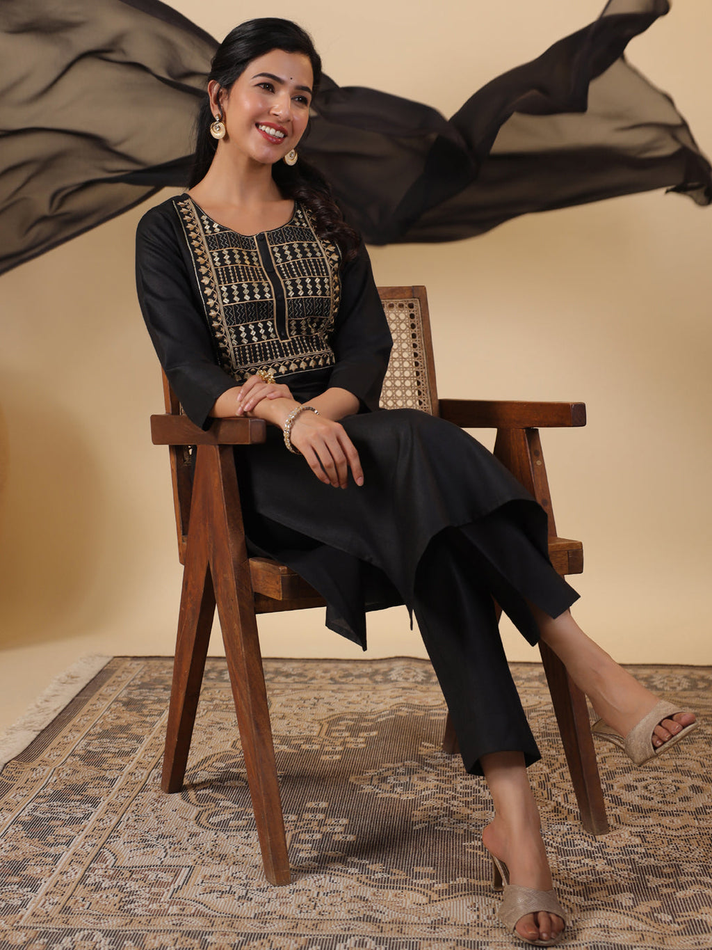 Janasya Dark Cotton Blend Yoke Embroidery Straight Kurta Set | Grocsy