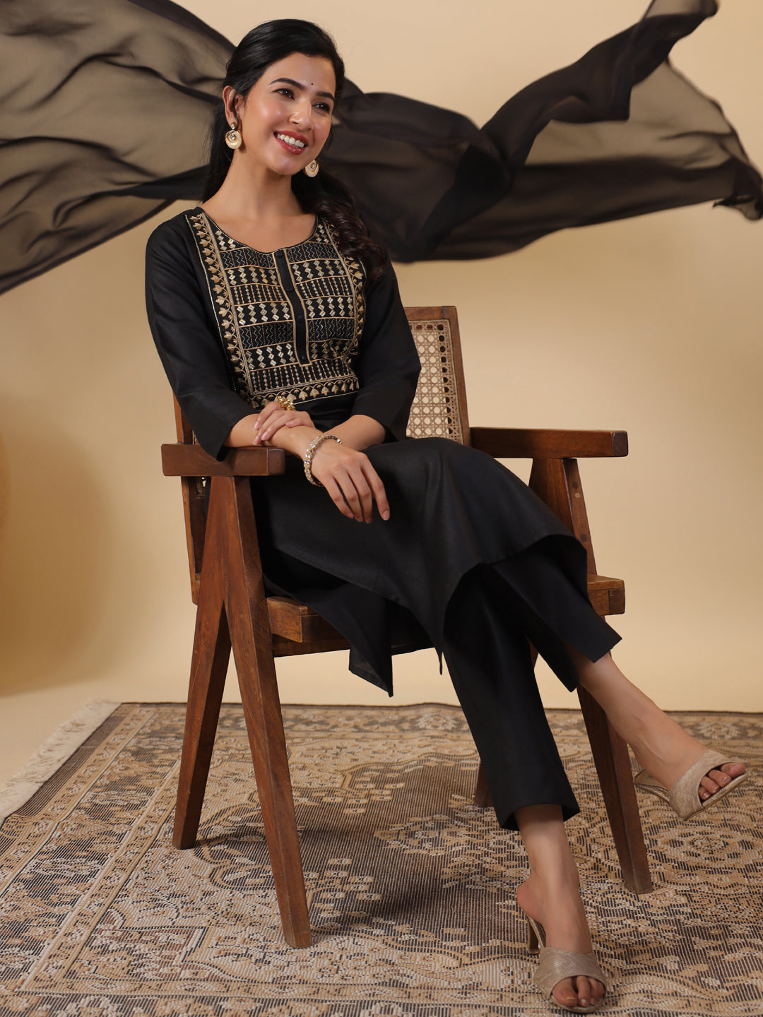 Janasya Dark Cotton Blend Yoke Embroidery Straight Kurta Set | Grocsy