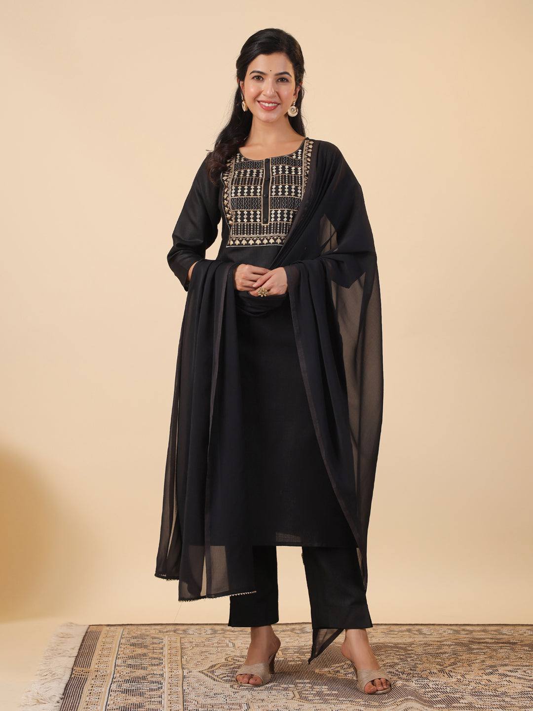 Janasya Dark Cotton Blend Yoke Embroidery Straight Kurta Set | Grocsy