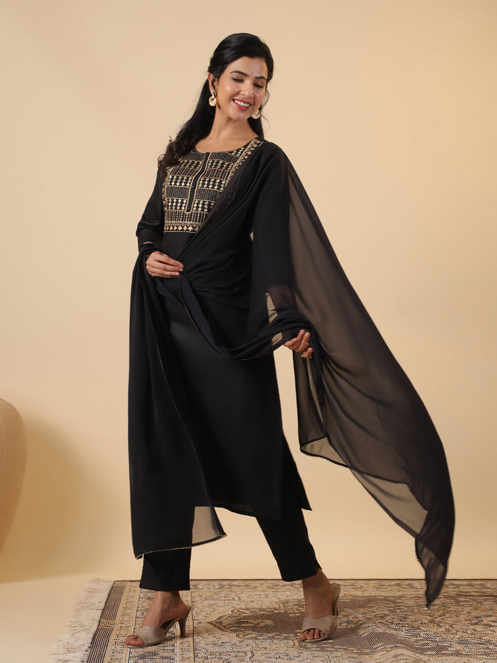 Janasya Dark Cotton Blend Yoke Embroidery Straight Kurta Set | Grocsy