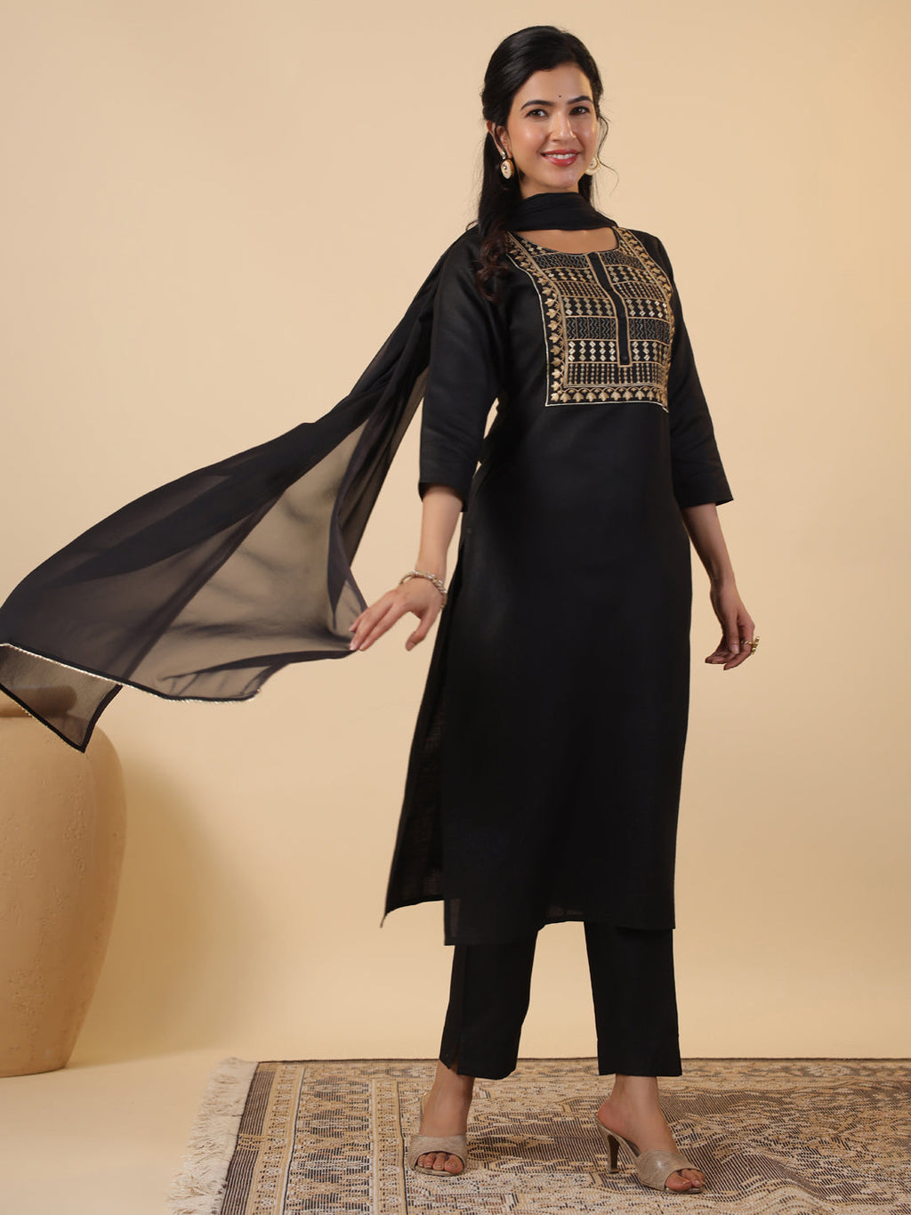 Janasya Dark Cotton Blend Yoke Embroidery Straight Kurta Set | Grocsy