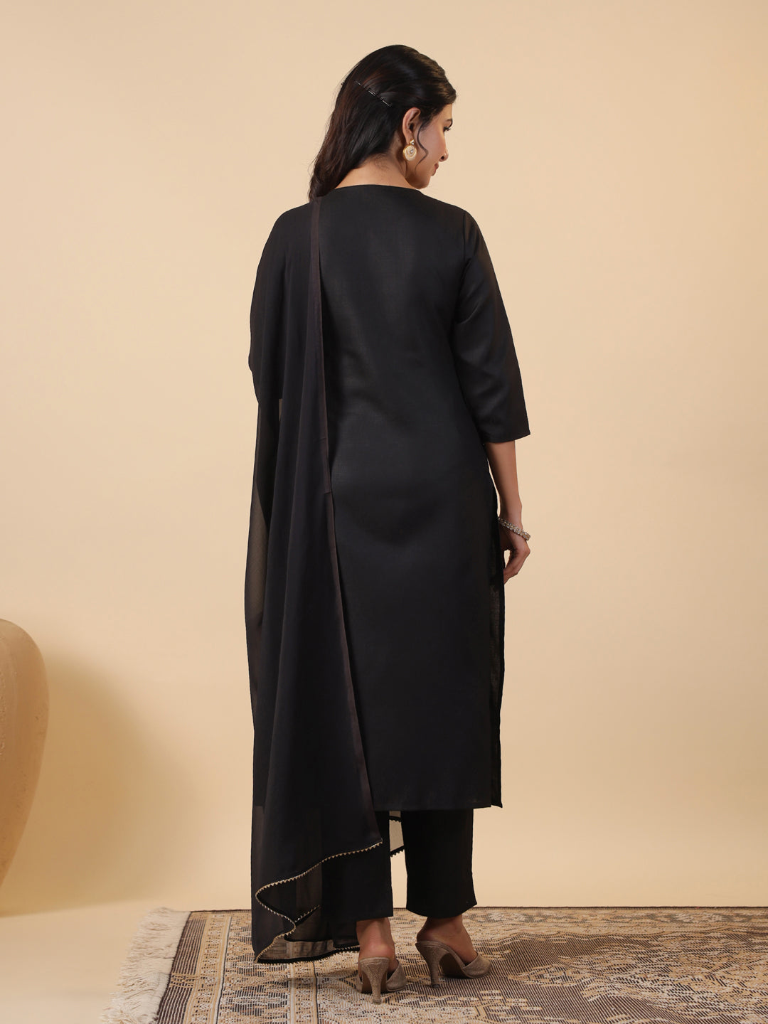 Janasya Dark Cotton Blend Yoke Embroidery Straight Kurta Set | Grocsy