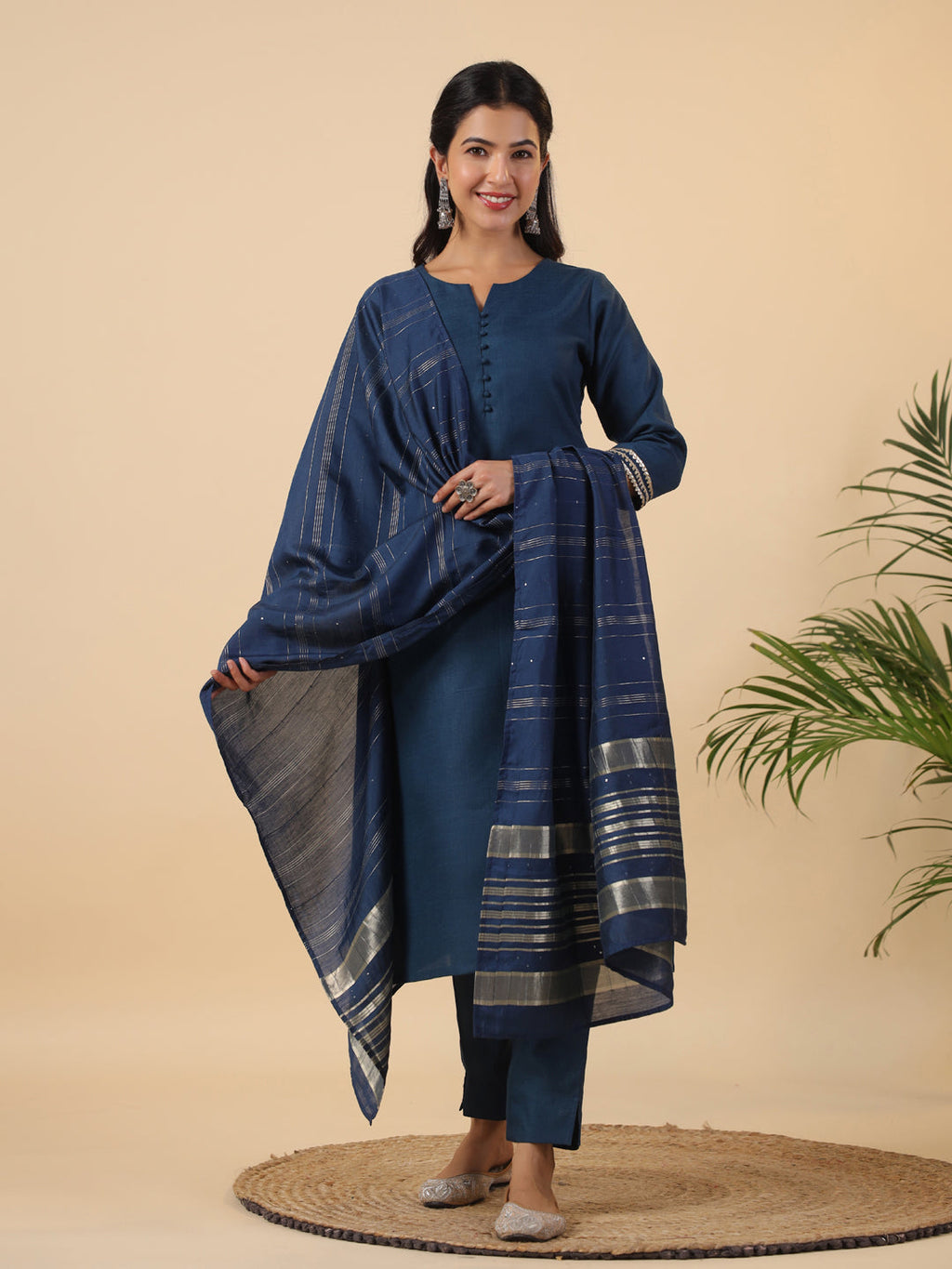 Janasya Dark Cotton Blend Solid Straight Kurta Set | Grocsy