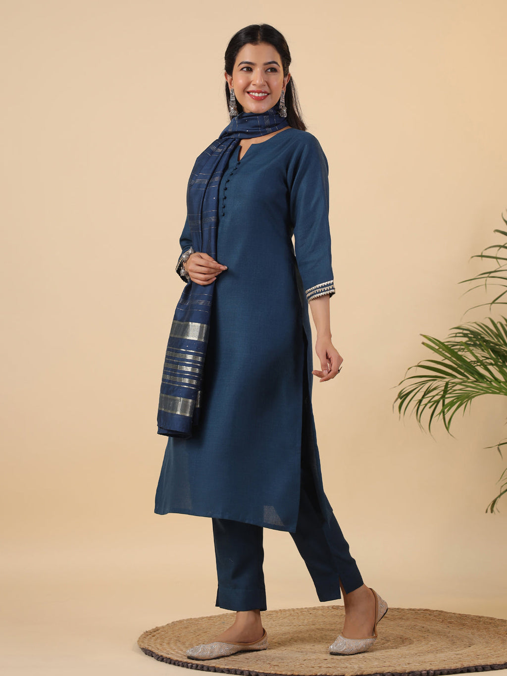 Janasya Dark Cotton Blend Solid Straight Kurta Set | Grocsy