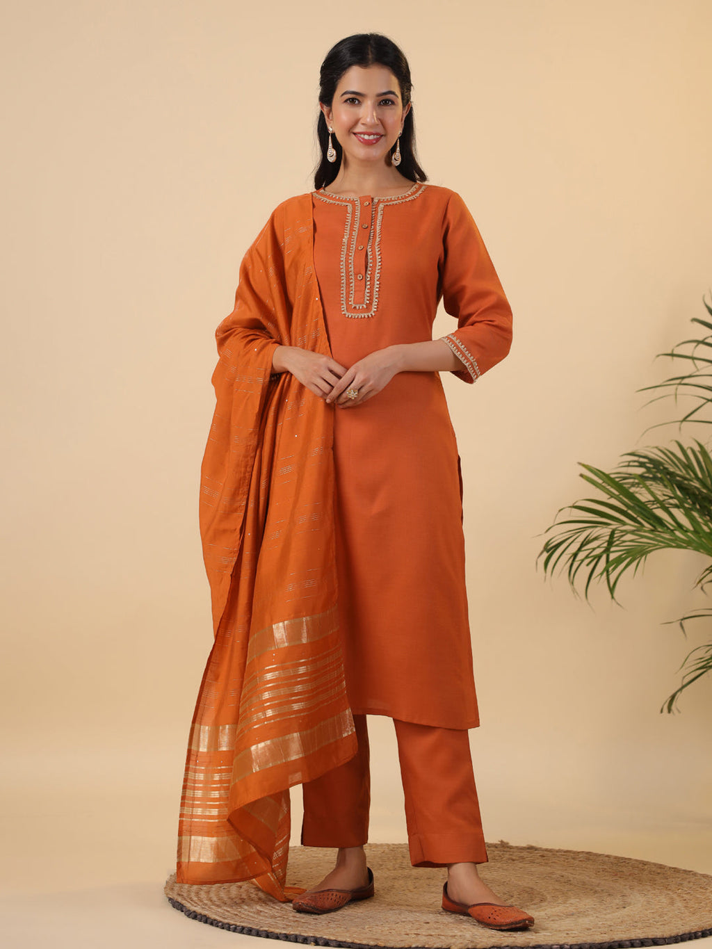 Janasya Dark Cotton Blend Yoke Design Straight Kurta Set | Grocsy