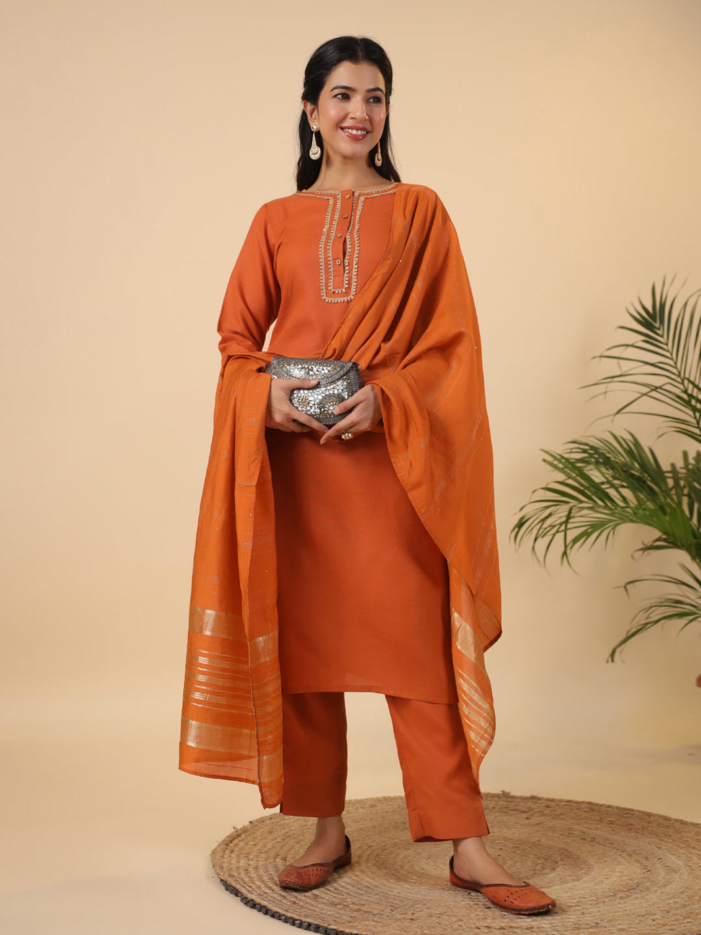 Janasya Dark Cotton Blend Yoke Design Straight Kurta Set | Grocsy