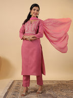 Janasya Light Cotton Blend Yoke Embroidery Straight Kurta Set | Grocsy