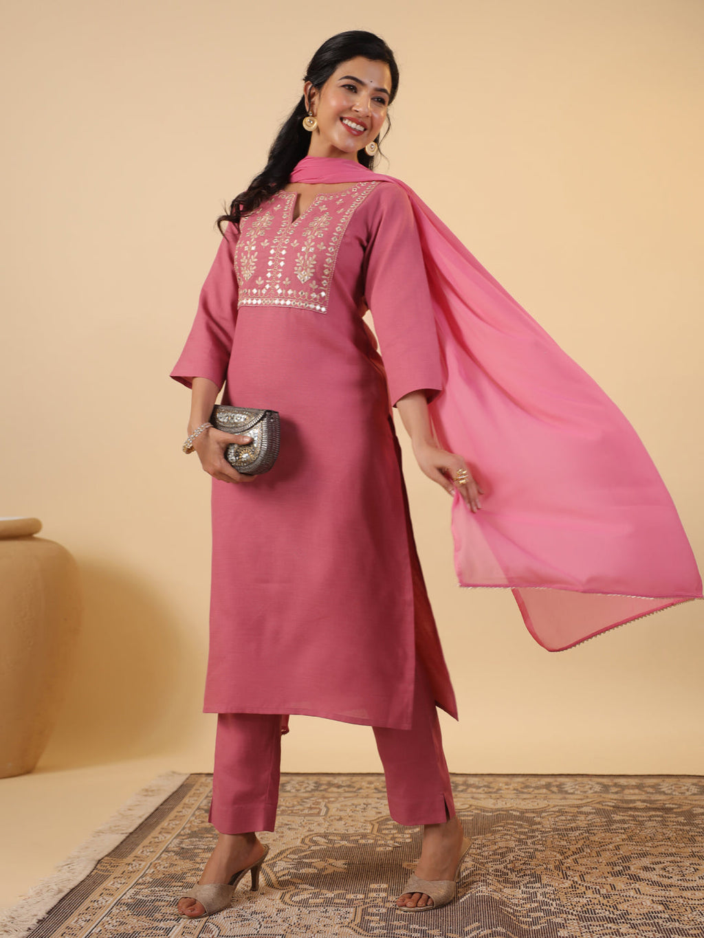 Janasya Light Cotton Blend Yoke Embroidery Straight Kurta Set | Grocsy
