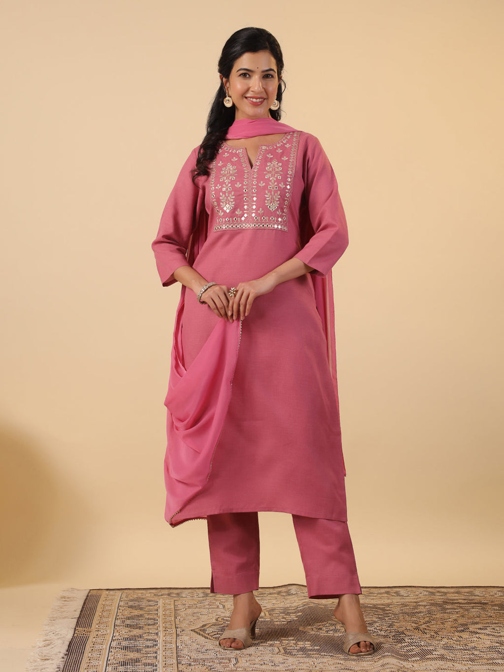 Janasya Light Cotton Blend Yoke Embroidery Straight Kurta Set | Grocsy