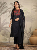 Janasya Dark Cotton Blend Yoke Embroidery Straight Kurta Set | Grocsy