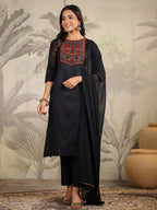 Janasya Dark Cotton Blend Yoke Embroidery Straight Kurta Set | Grocsy