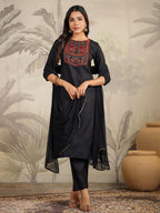Janasya Dark Cotton Blend Yoke Embroidery Straight Kurta Set | Grocsy