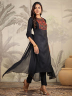 Janasya Dark Cotton Blend Yoke Embroidery Straight Kurta Set | Grocsy
