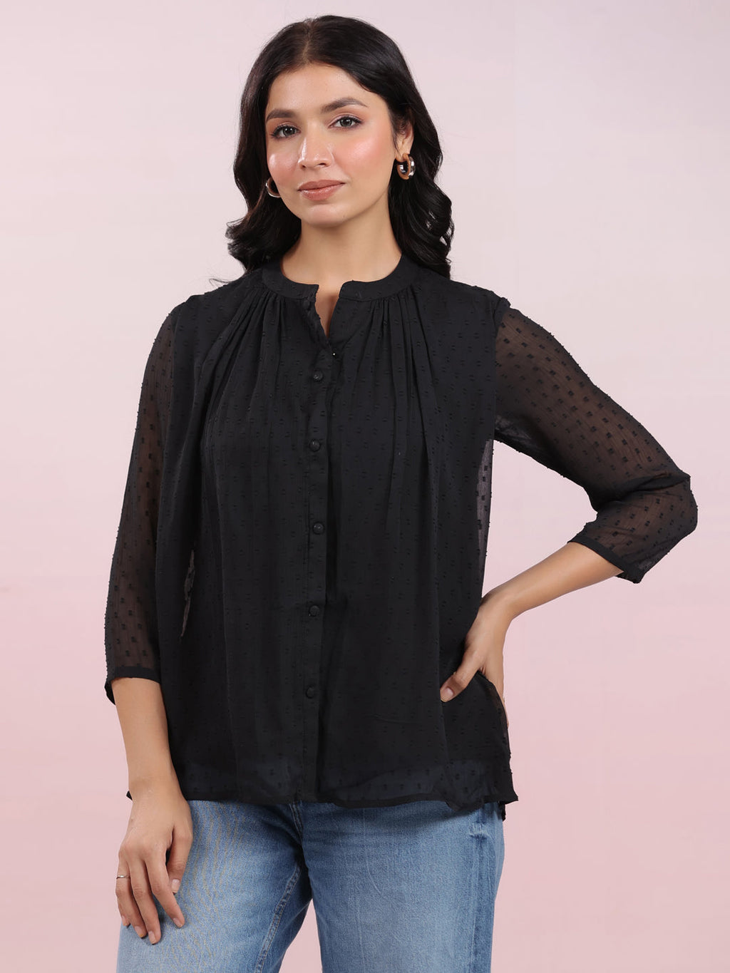 Janasya Dark Dobby Chiffon Solid Regular Top | Grocsy