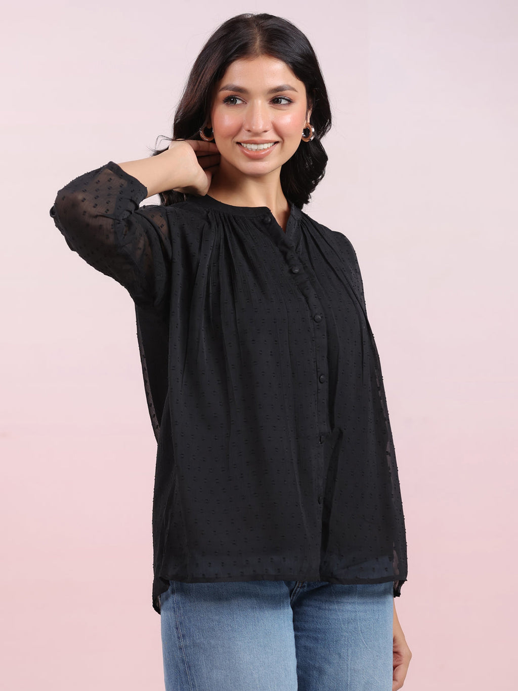 Janasya Dark Dobby Chiffon Solid Regular Top | Grocsy