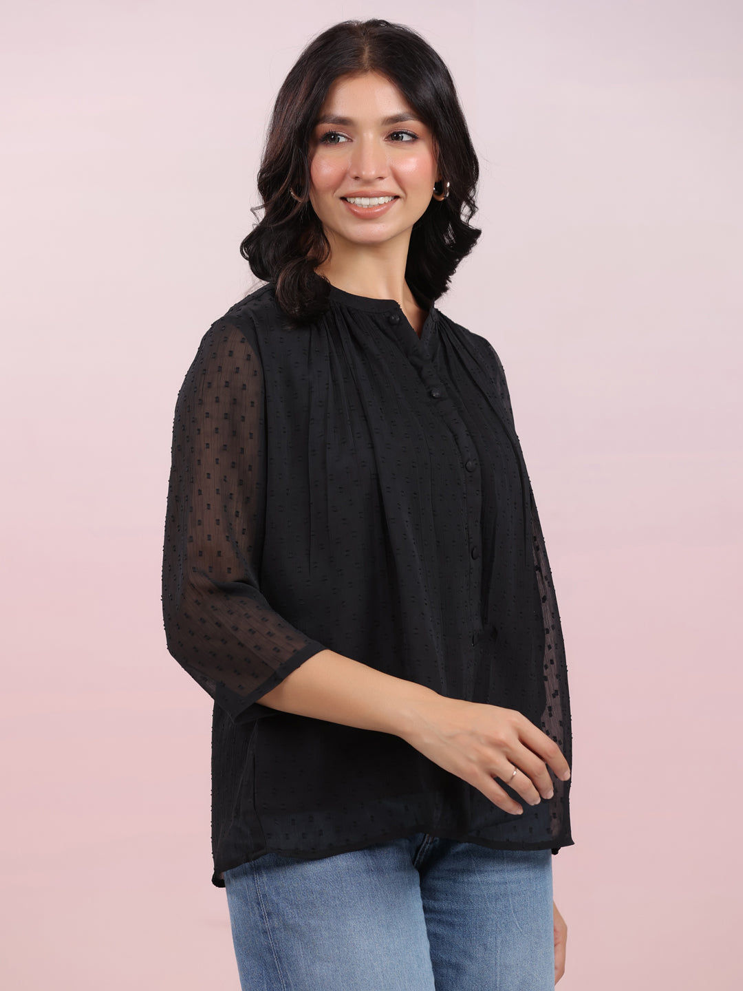 Janasya Dark Dobby Chiffon Solid Regular Top | Grocsy