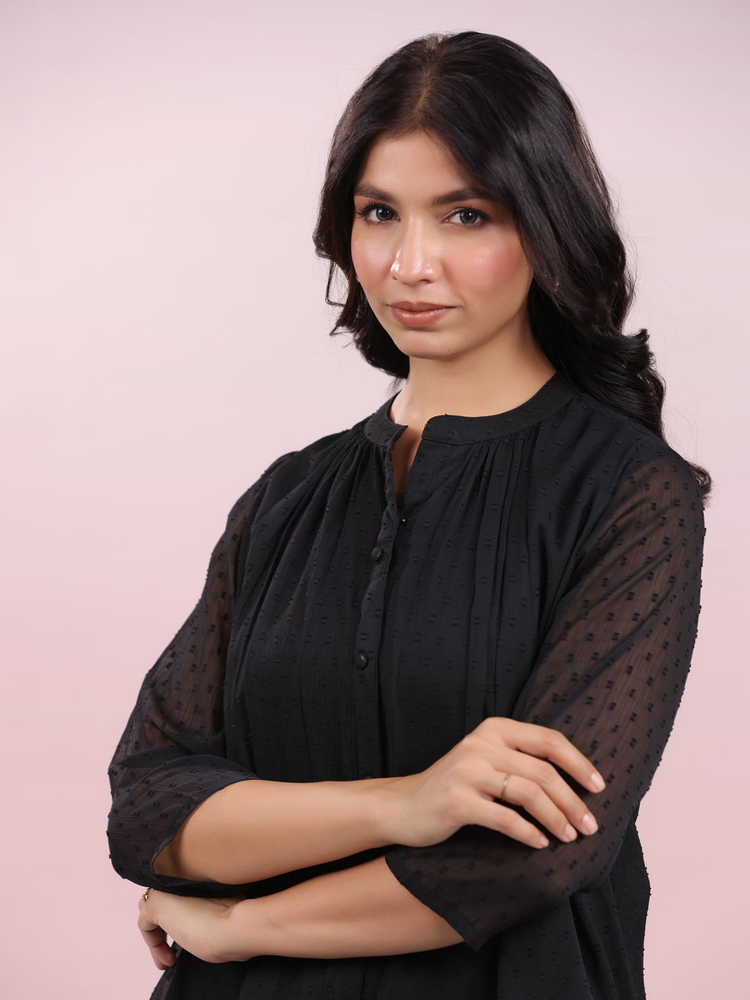 Janasya Dark Dobby Chiffon Solid Regular Top | Grocsy