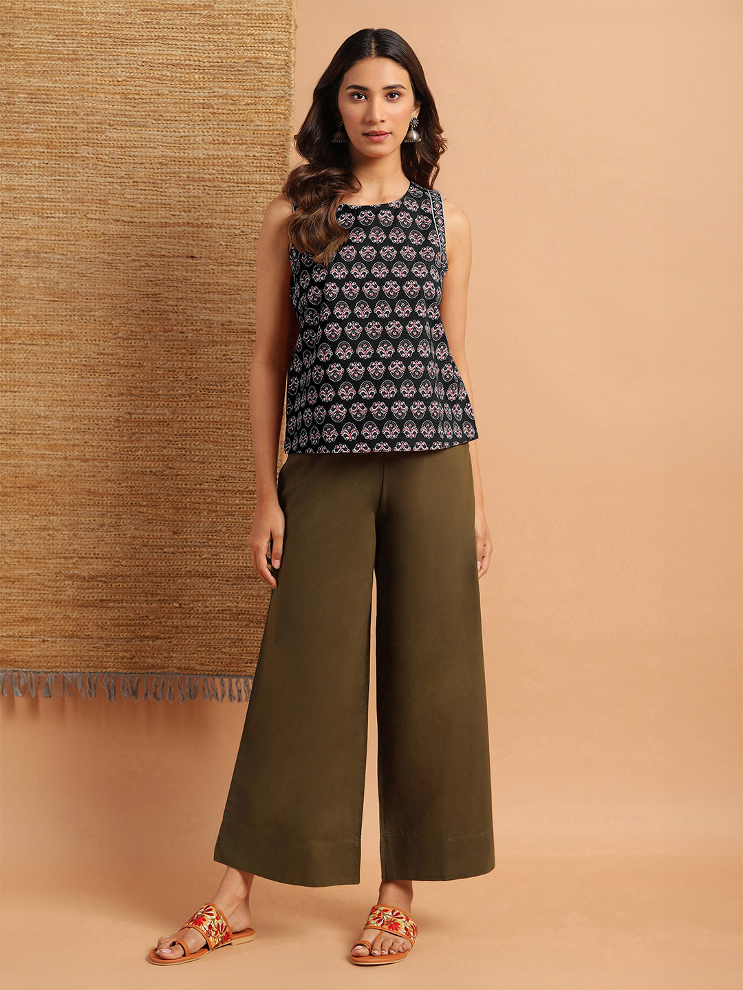 Janasya Dark Cotton Floral Regular Top | Grocsy