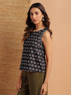 Janasya Dark Cotton Floral Regular Top | Grocsy